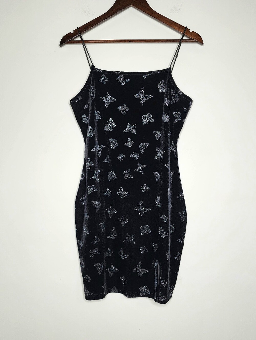 Romantic Black Butterfly Glitter Embellished Velvet Slip Dress Large Party